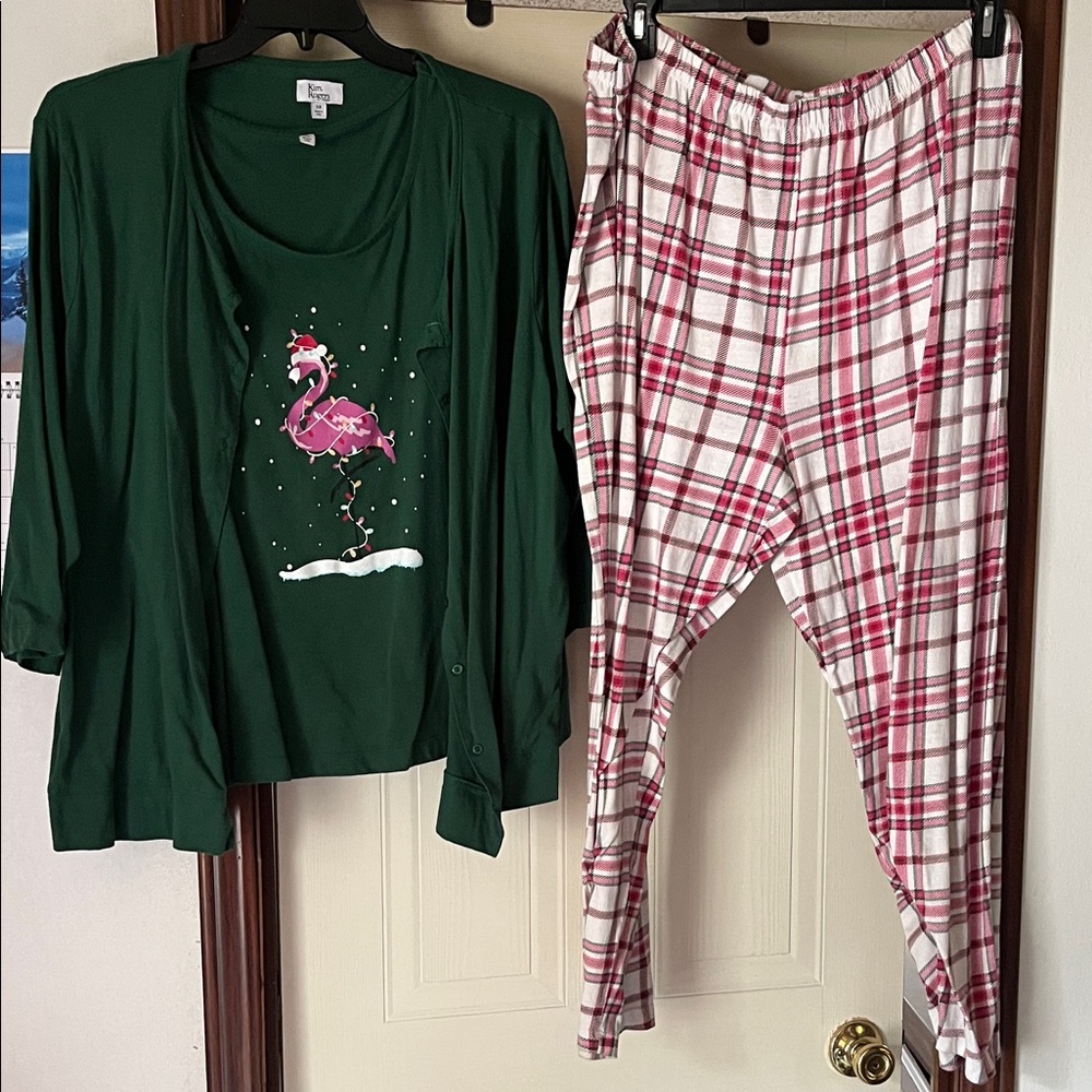 Green Flamingo Pajama 3 pc Set with Plaid Pants